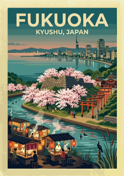 Travel poster of Fukuoka Kyushu Japan featuring a waterfront city, cherry blossoms, and stalls.