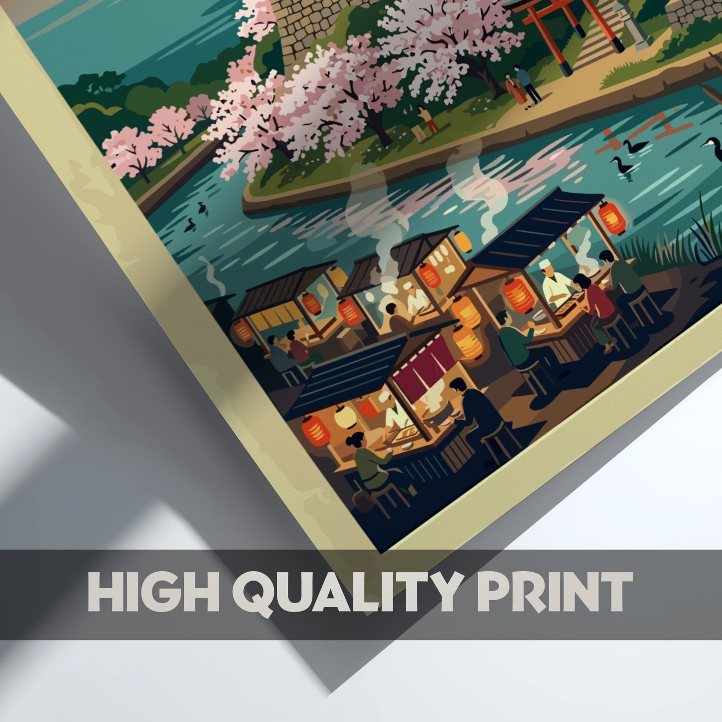Travel poster of Fukuoka Kyushu Japan featuring a waterfront city, cherry blossoms, and stalls.