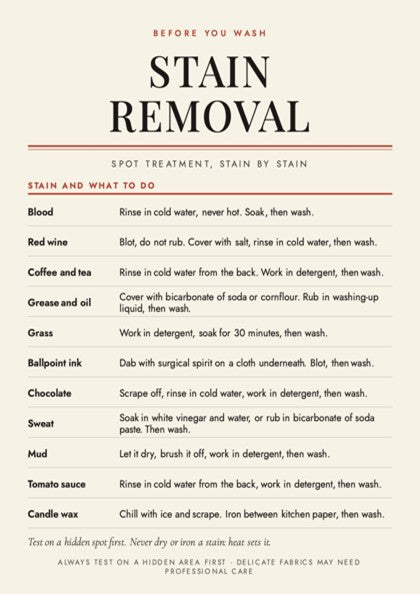 A printed stain removal reference chart on a warm beige background, listing common stains and instructions such as blood, red wine, coffee, grease, grass, ballpoint ink, chocolate, sweat, mud, and tomato sauce.