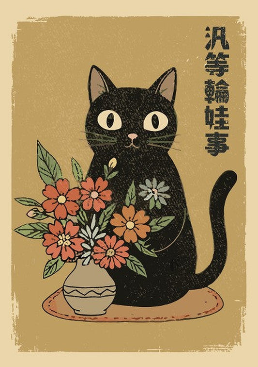 Vintage-style illustration of a black cat sitting beside a vase of orange and red flowers, with vertical black Japanese characters on a warm beige background.