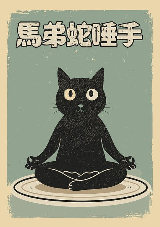 A retro-style illustrated poster featuring a black cat meditating, set against a warm light blue background with Japanese characters on the right.
