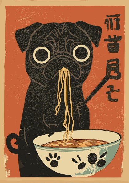 Black pug eating ramen with chopsticks at a wooden table, Japanese ukiyo-e style poster on a red background