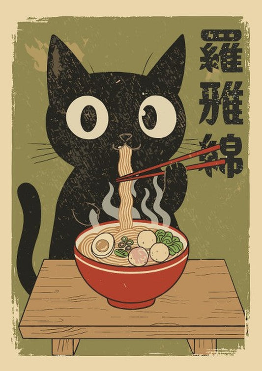 Black cat eating ramen with chopsticks at a wooden table, Japanese ukiyo-e style poster on a green background