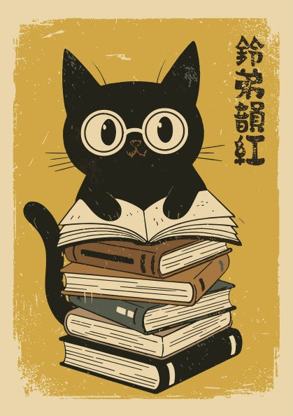 A stylized illustration of a black cat wearing round glasses and sitting on top of a tall stack of books, with vertical black characters on the right, set against a warm mustard-yellow background with distressed texture.