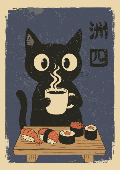 Black cat eating sushi with a cup of coffee at a wooden table, Japanese ukiyo-e style poster on a dark blue background