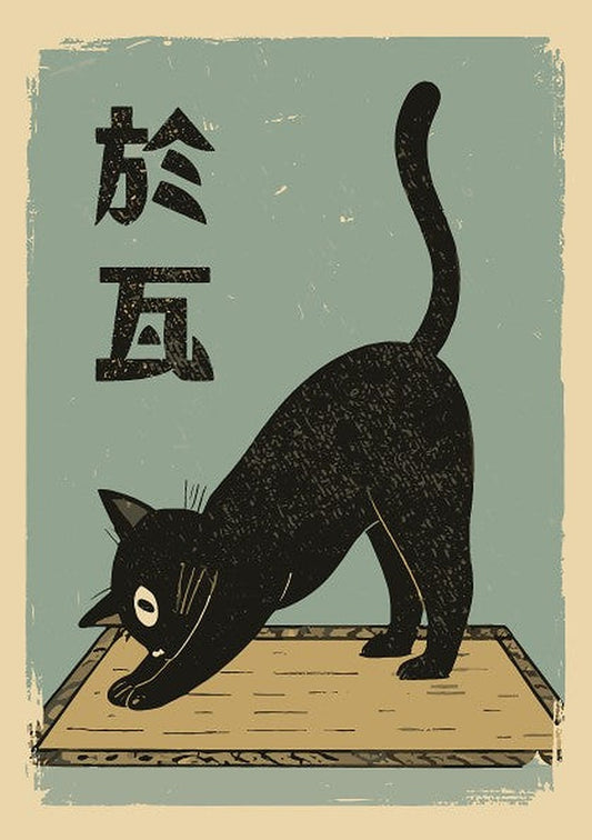 A retro-style illustrated poster featuring a black cat doing downward yoga pose, set against a warm light blue background with Japanese characters on the right.