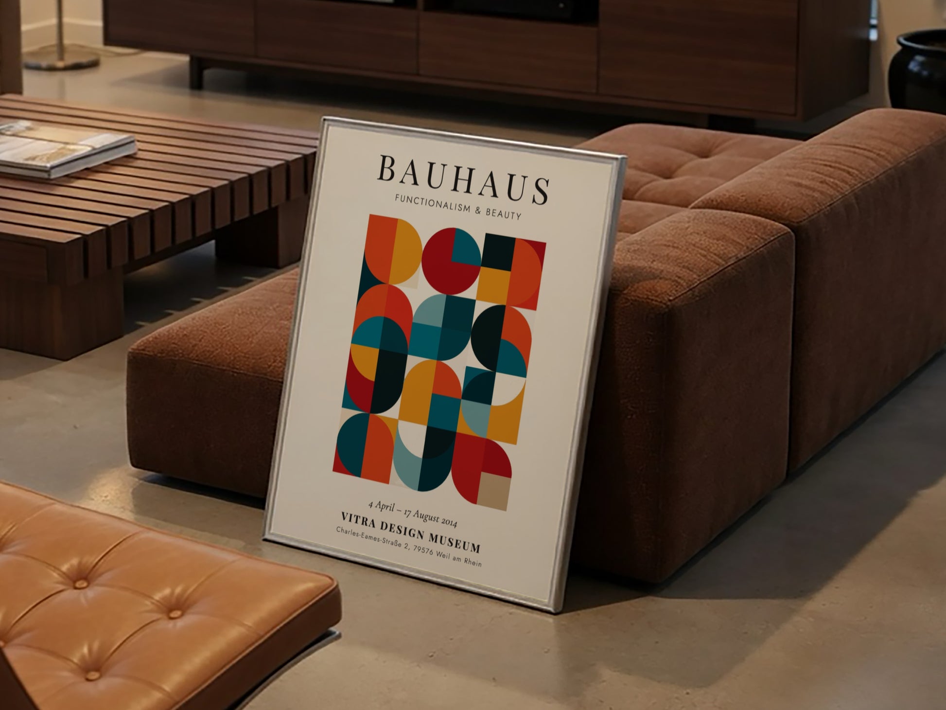 Bauhaus poster showcasing geometric patterns in vibrant colors, modernist wall art