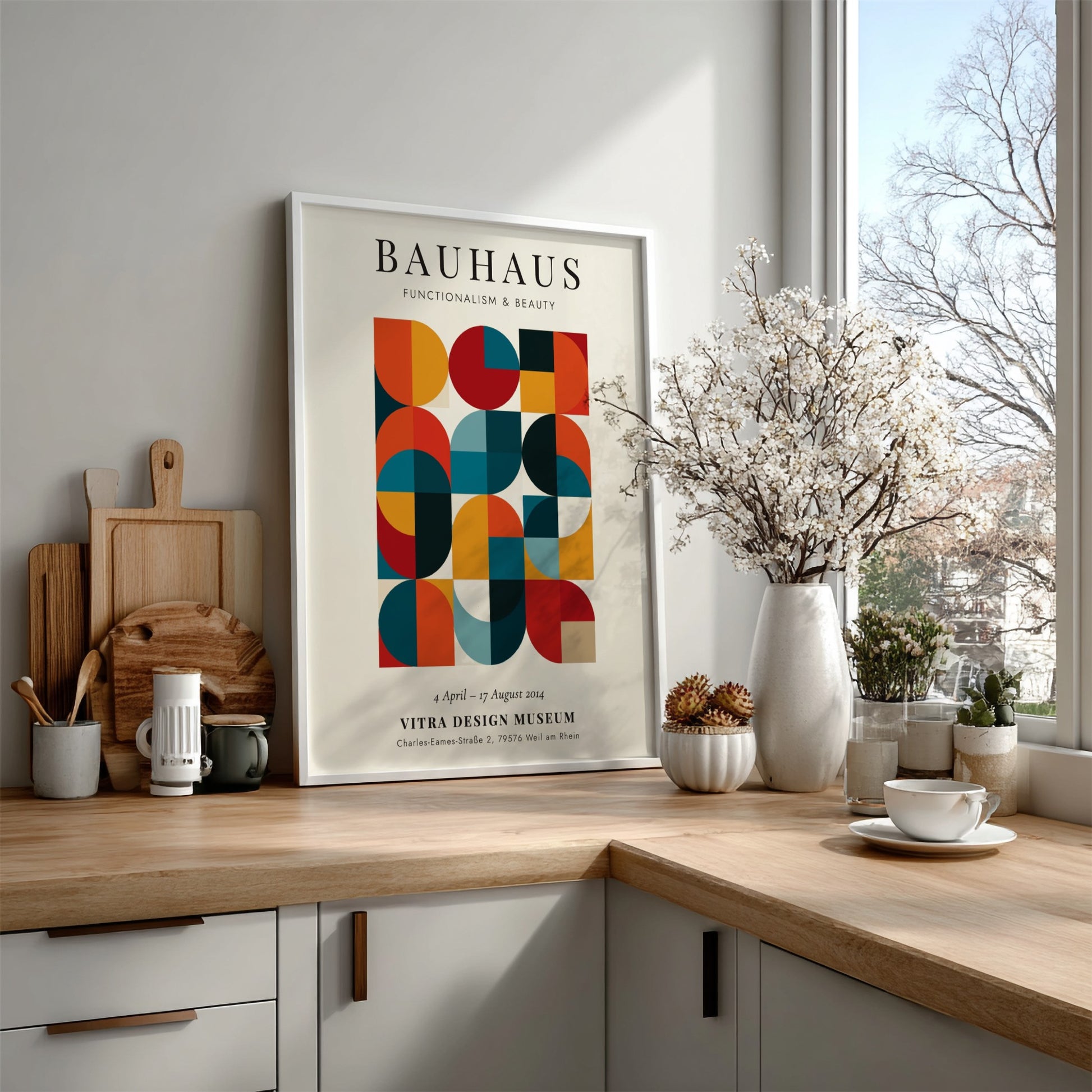 Bauhaus poster showcasing geometric patterns in vibrant colors, modernist wall art