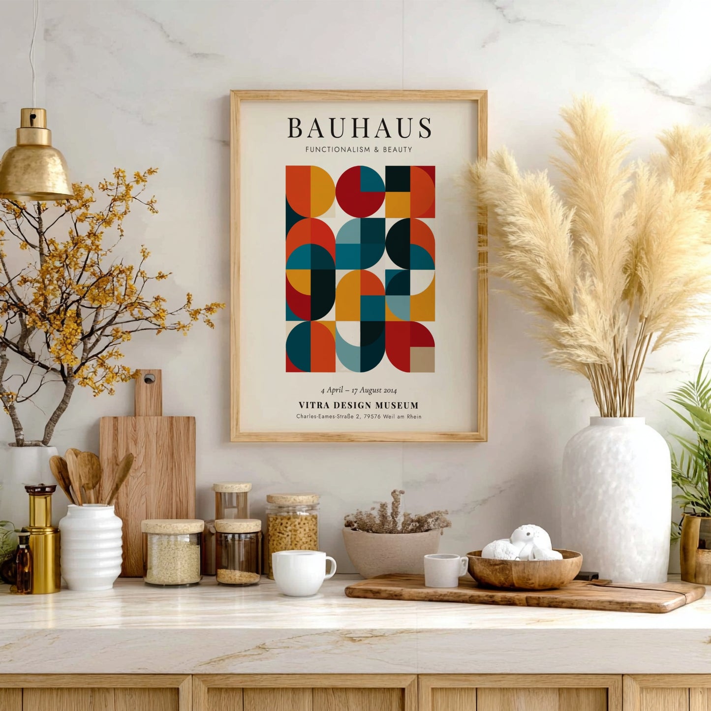 Bauhaus poster showcasing geometric patterns in vibrant colors, modernist wall art