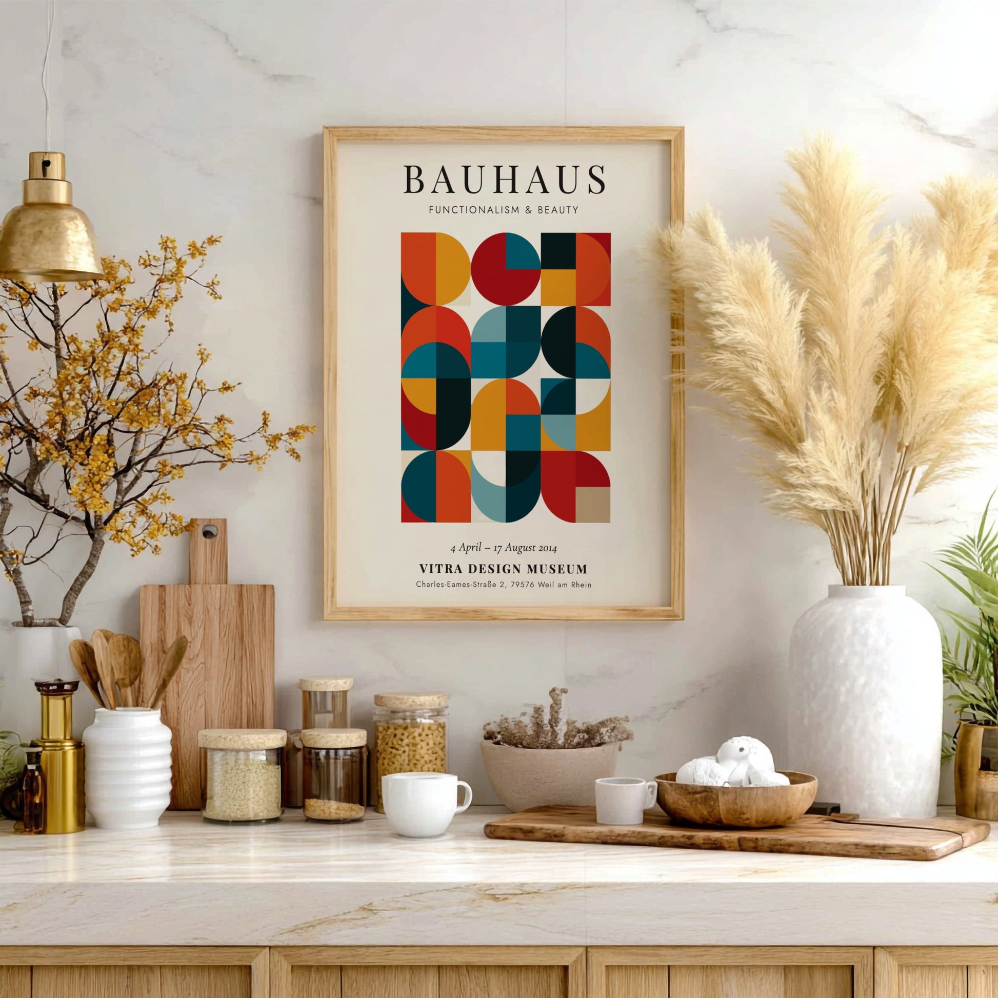 Bauhaus poster showcasing geometric patterns in vibrant colors, modernist wall art