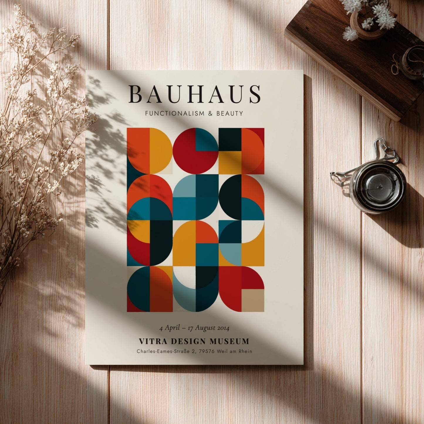 Bauhaus poster showcasing geometric patterns in vibrant colors, modernist wall art