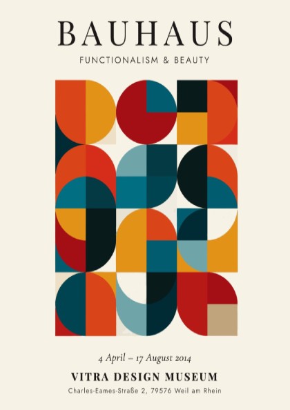 Bauhaus poster showcasing geometric patterns in vibrant colors, modernist wall art