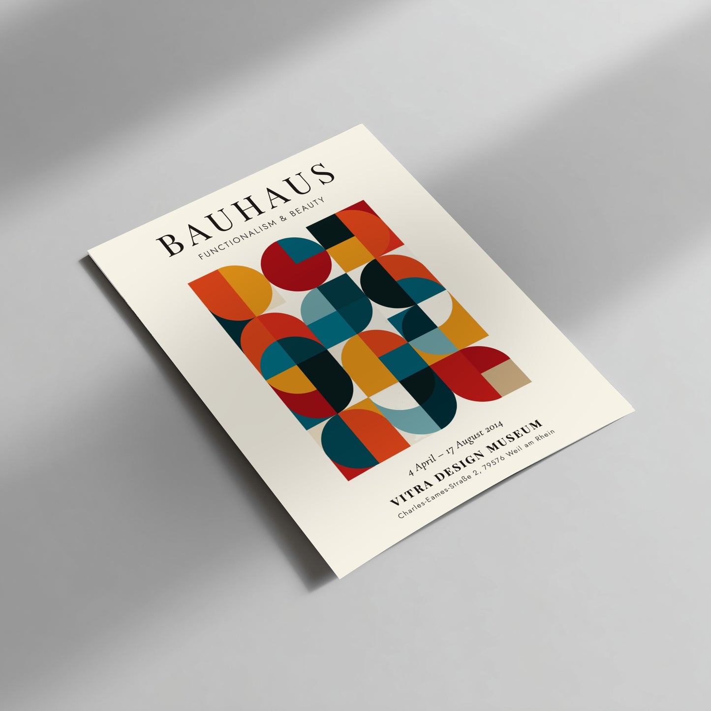 Bauhaus poster showcasing geometric patterns in vibrant colors, modernist wall art