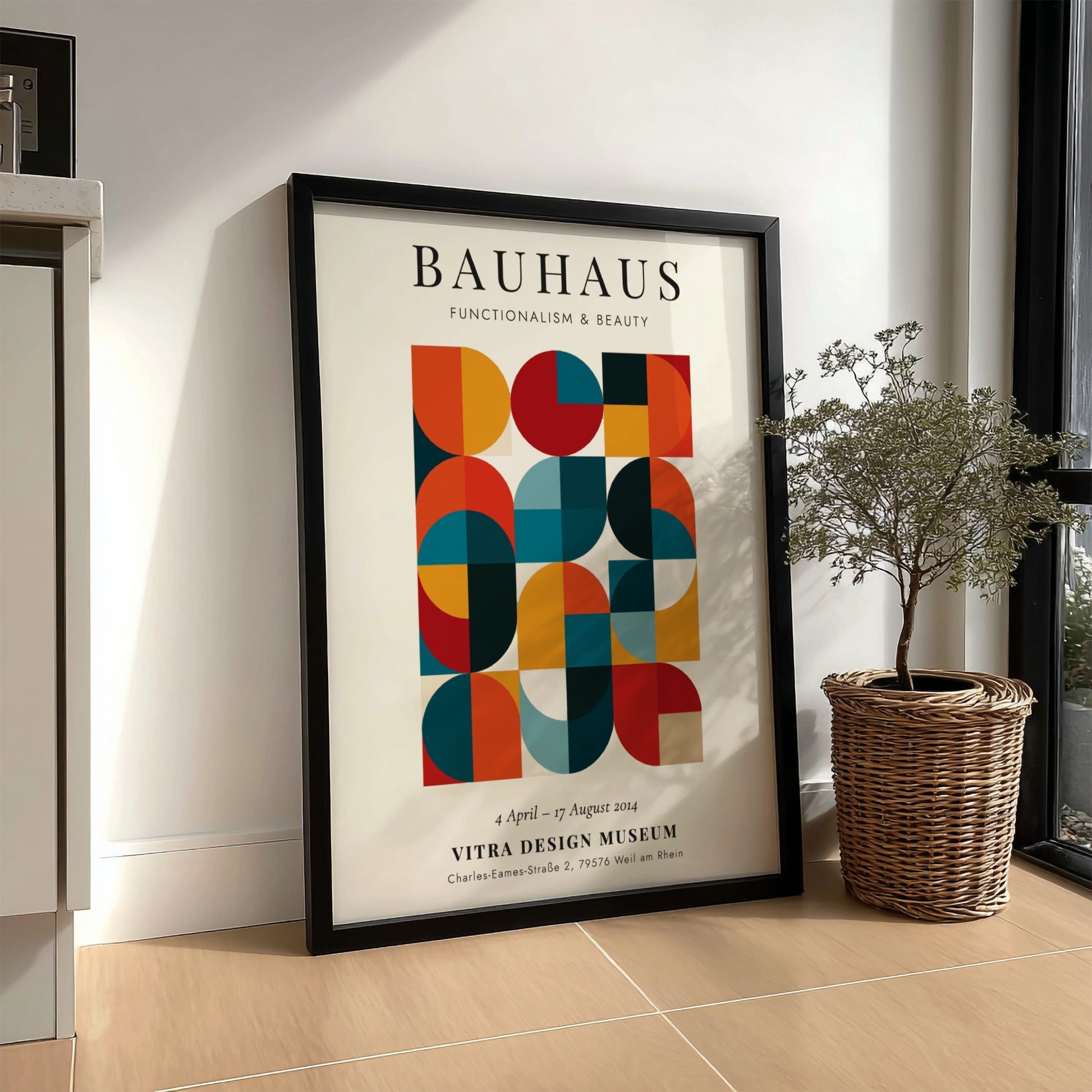 Bauhaus poster showcasing geometric patterns in vibrant colors, modernist wall art