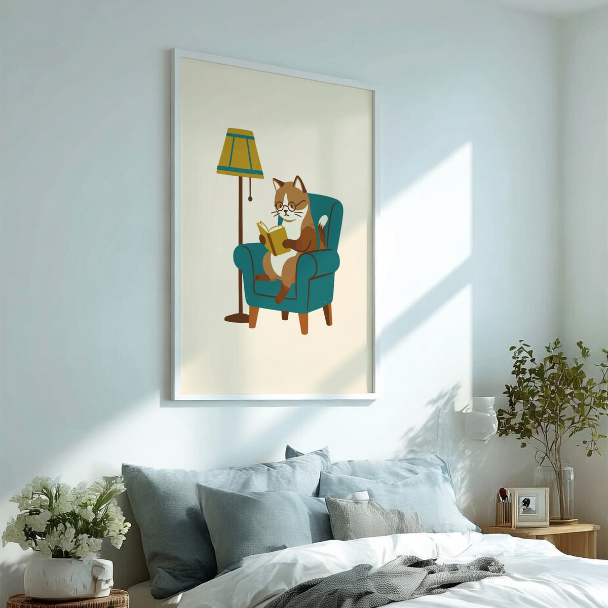 Poster of a brown tabby cat with glasses reading a book in a chair