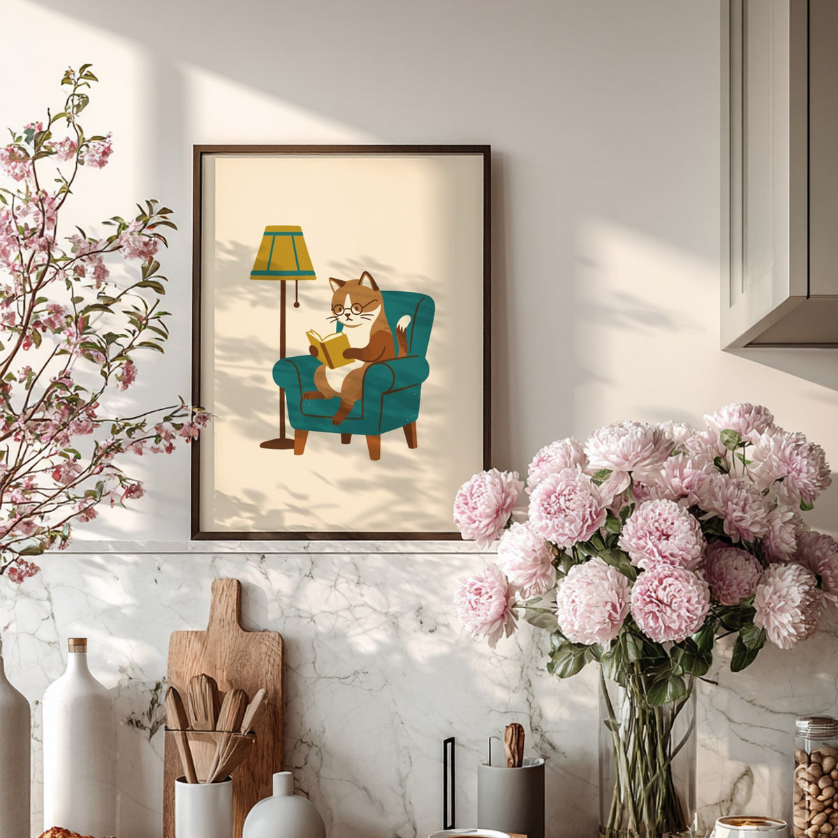 Poster of a brown tabby cat with glasses reading a book in a chair