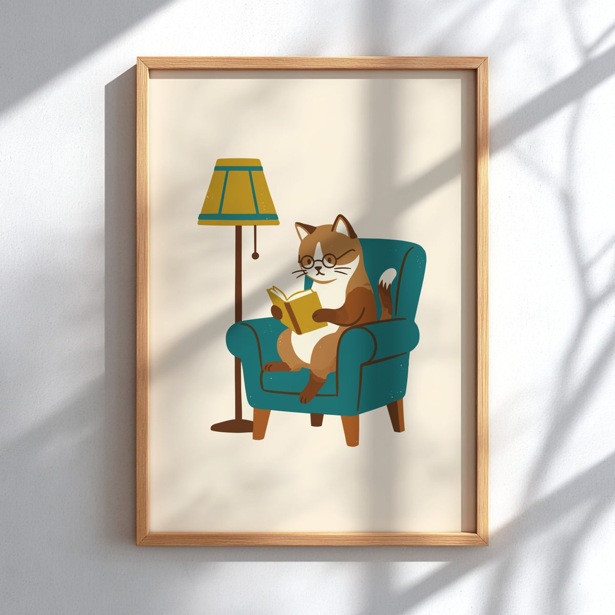 Poster of a brown tabby cat with glasses reading a book in a chair