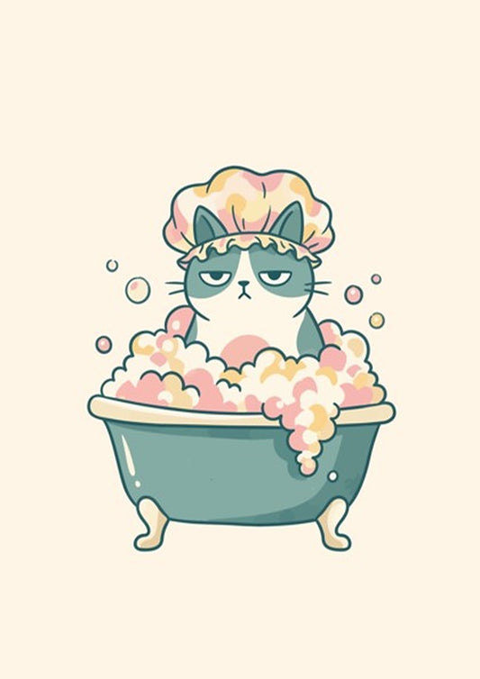 Poster featuring a grumpy grey cat wearing a shower cap sitting in a bathtub.