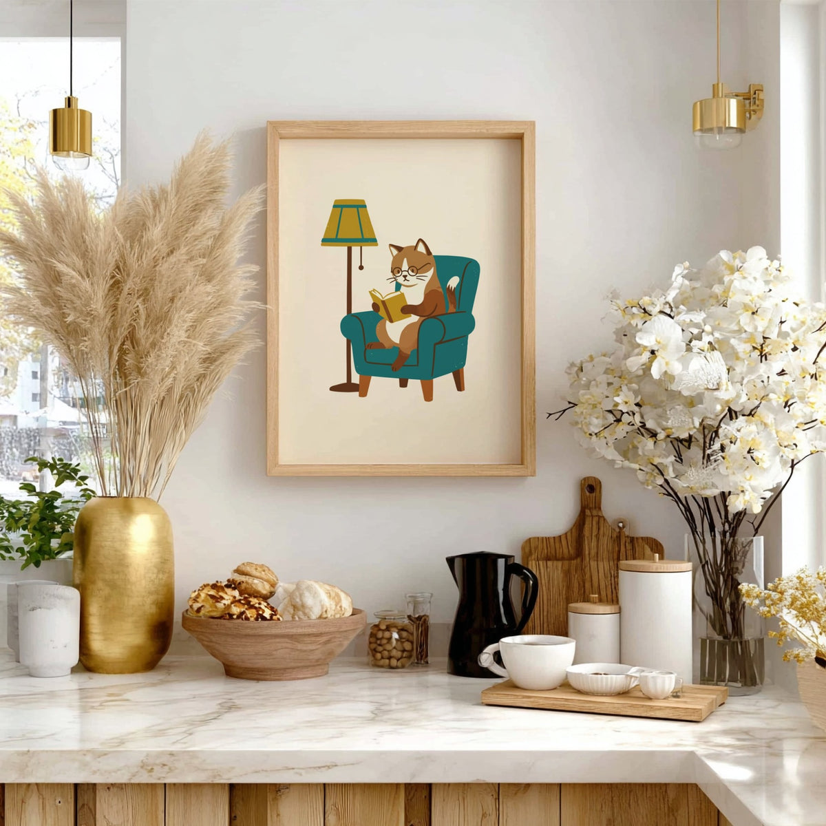 Poster of a brown tabby cat with glasses reading a book in a chair