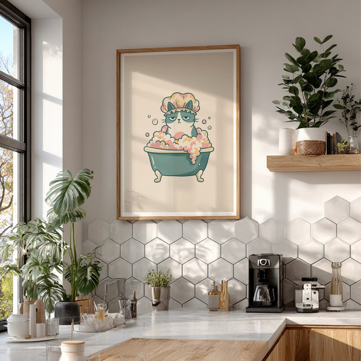 Poster featuring a grumpy grey cat wearing a shower cap sitting in a bathtub.