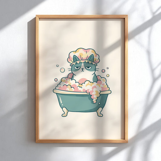 Poster featuring a grumpy grey cat wearing a shower cap sitting in a bathtub.