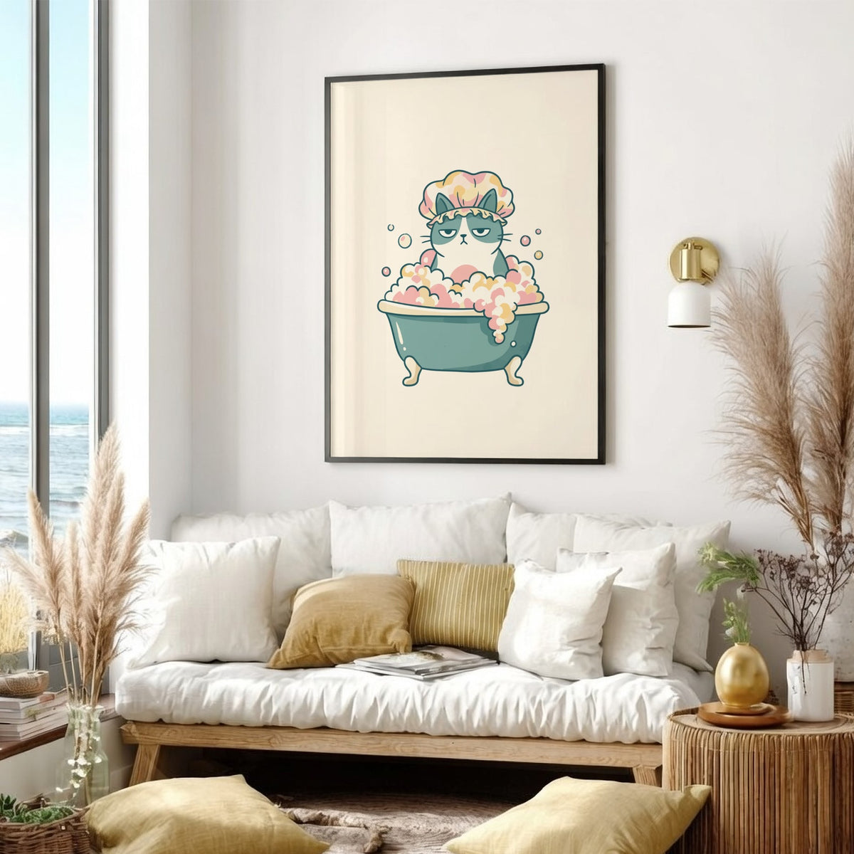 Poster featuring a grumpy grey cat wearing a shower cap sitting in a bathtub.