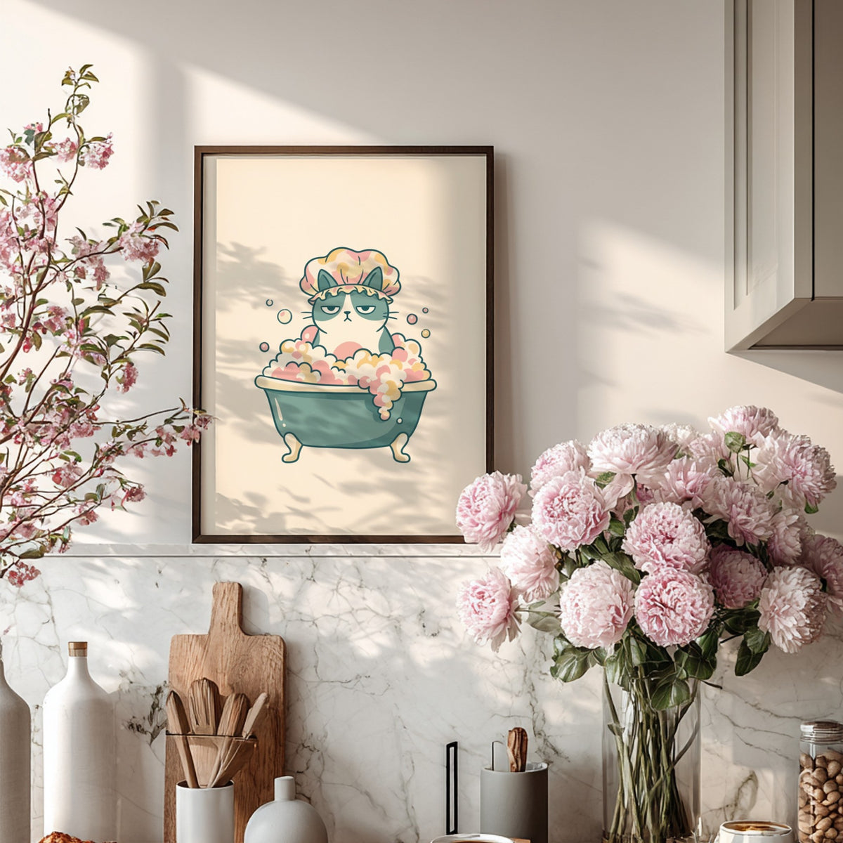 Poster featuring a grumpy grey cat wearing a shower cap sitting in a bathtub.
