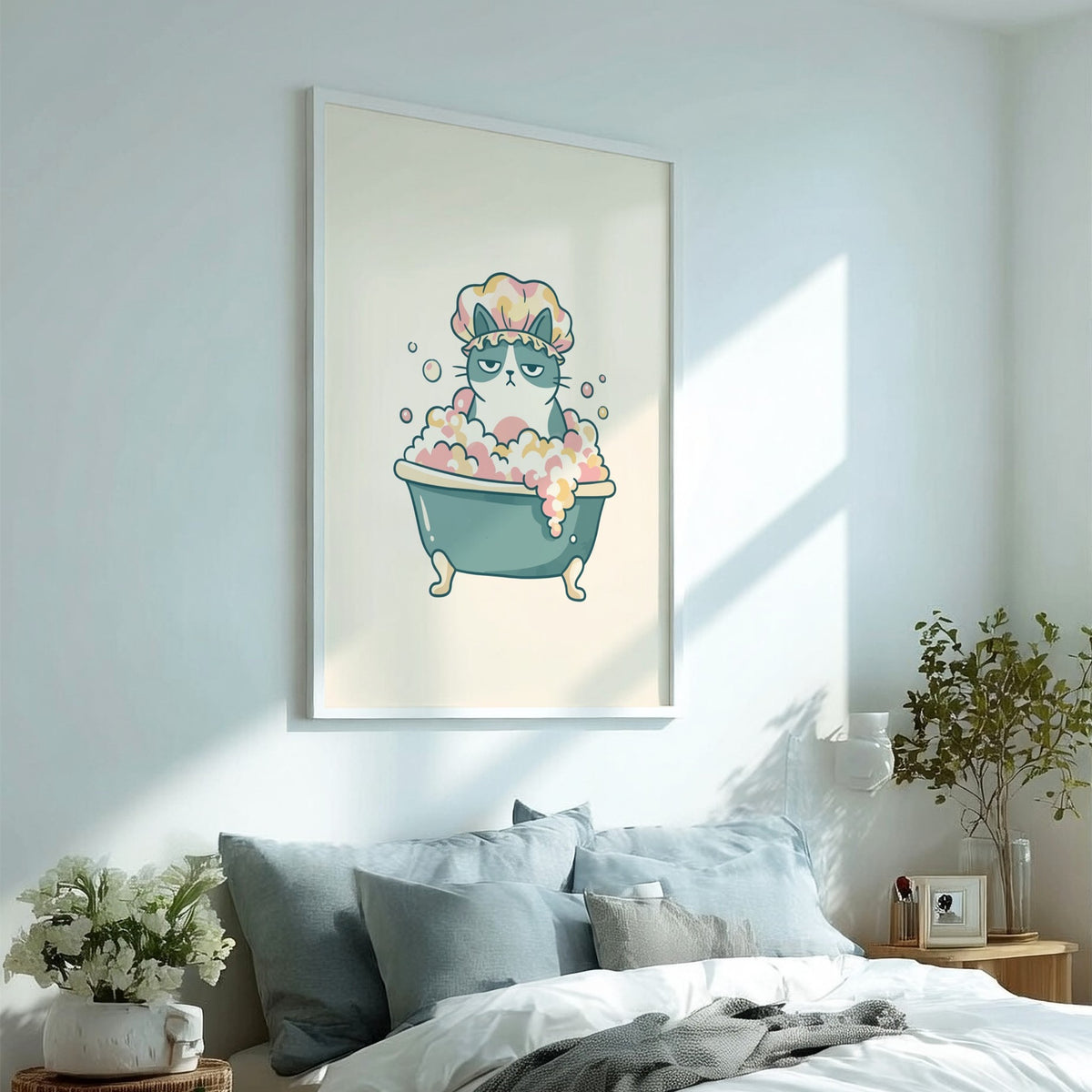 Poster featuring a grumpy grey cat wearing a shower cap sitting in a bathtub.