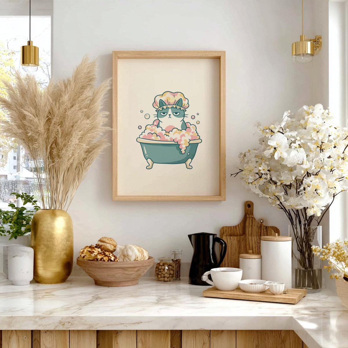 Poster featuring a grumpy grey cat wearing a shower cap sitting in a bathtub.