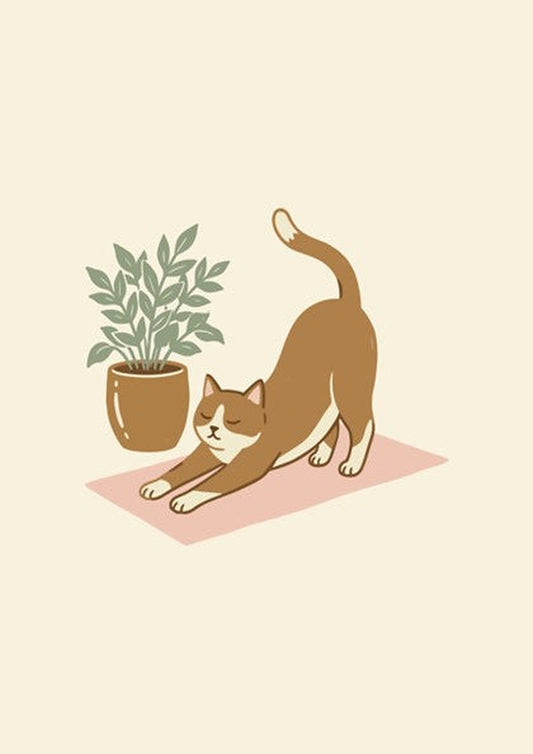 Poster of a ginger cat stretching on a pink yoga mat beside a plant