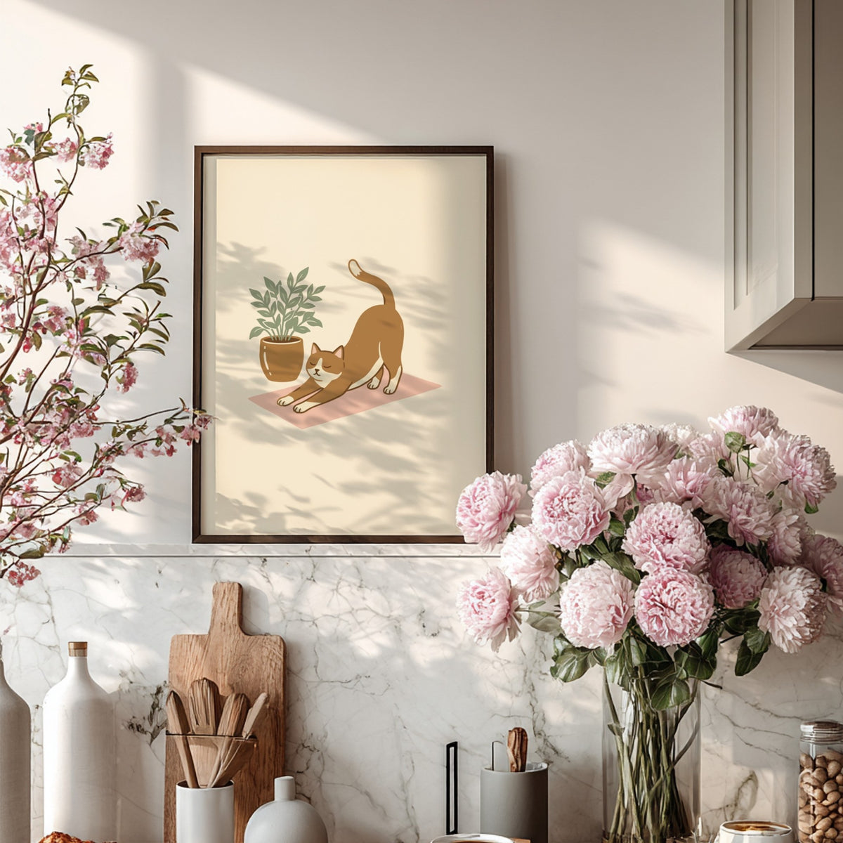 Poster of a ginger cat stretching on a pink yoga mat beside a plant
