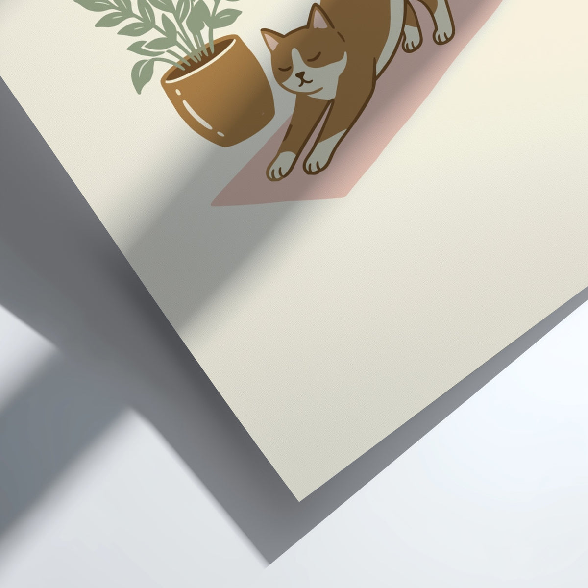 Poster of a ginger cat stretching on a pink yoga mat beside a plant