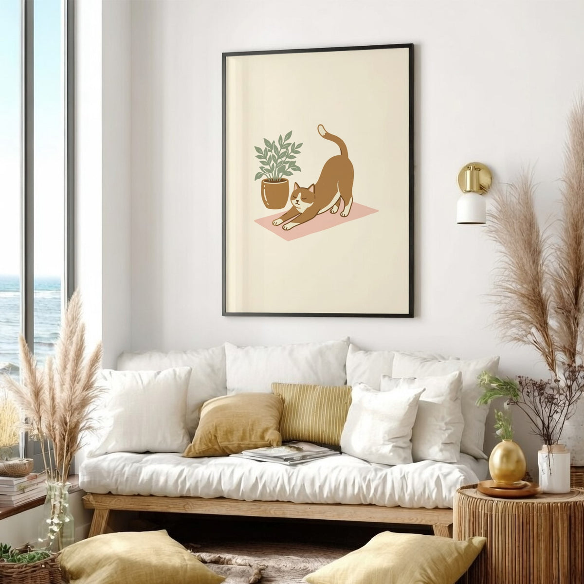 Poster of a ginger cat stretching on a pink yoga mat beside a plant