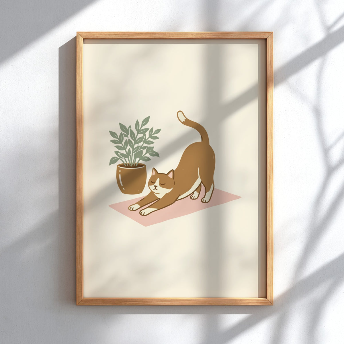 Poster of a ginger cat stretching on a pink yoga mat beside a plant