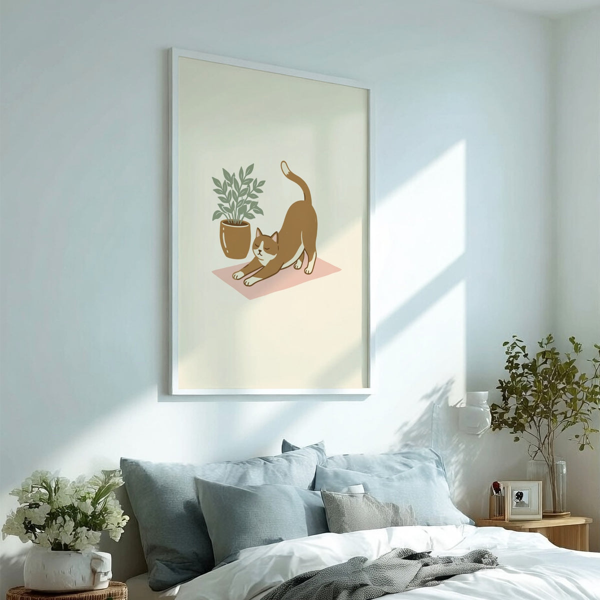 Poster of a ginger cat stretching on a pink yoga mat beside a plant