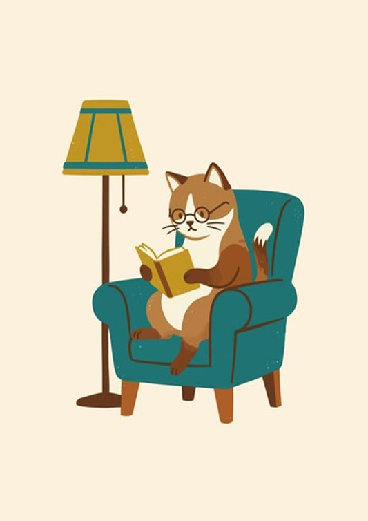 Poster of a brown tabby cat with glasses reading a book in a chair