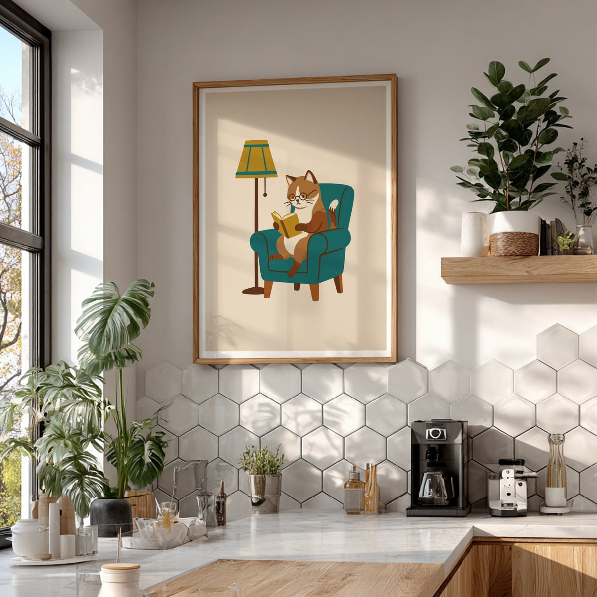 Poster of a brown tabby cat with glasses reading a book in a chair