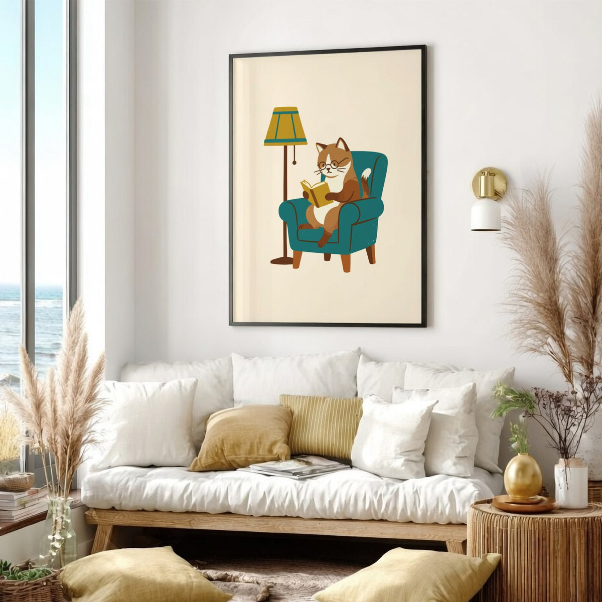 Poster of a brown tabby cat with glasses reading a book in a chair