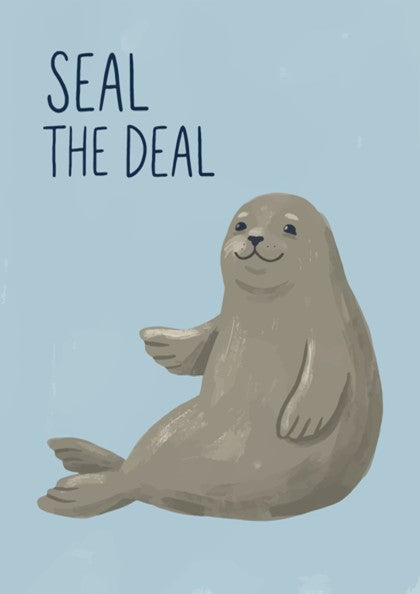 Poster featuring a grey harbor seal waving on a light blue background with text