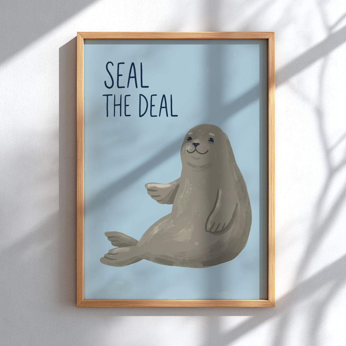 Poster featuring a grey harbor seal waving on a light blue background with text