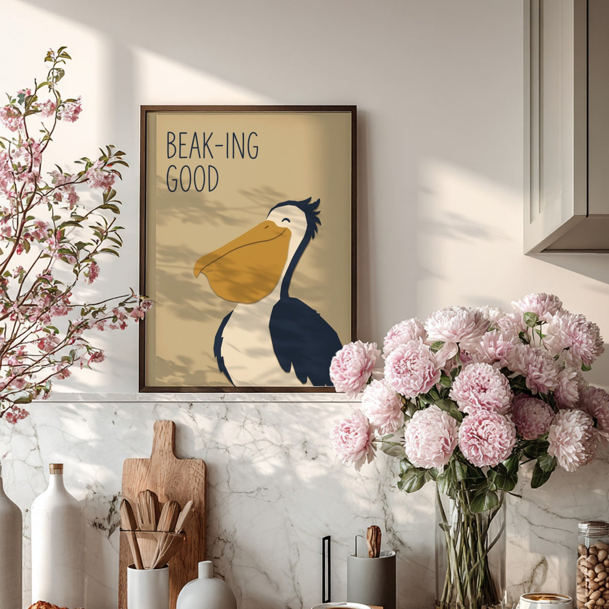 Poster featuring a smiling pelican with a large yellow beak and navy blue body.