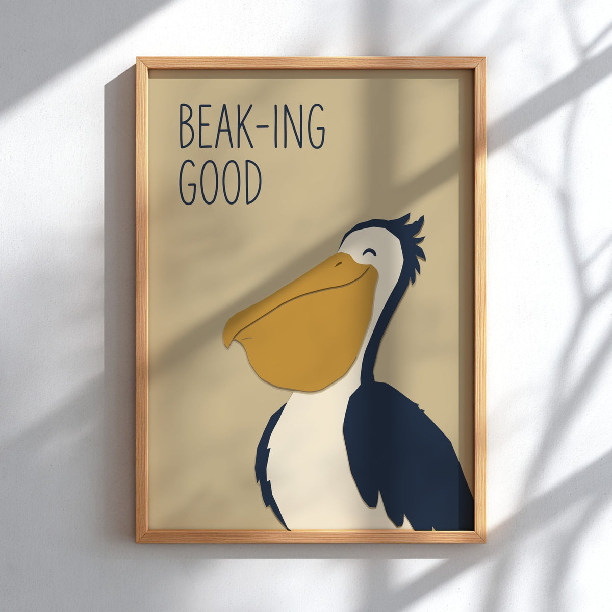 Poster featuring a smiling pelican with a large yellow beak and navy blue body.