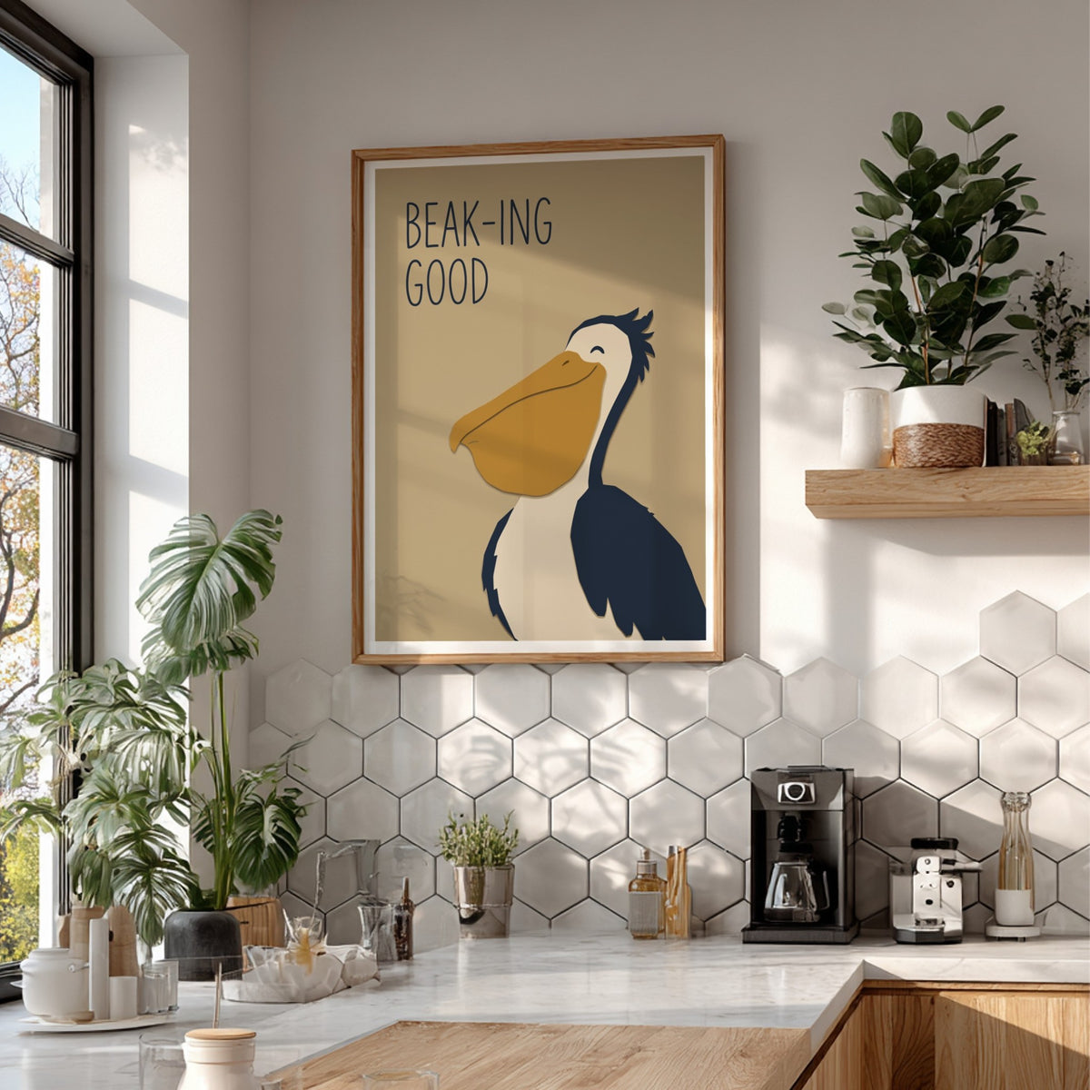 Poster featuring a smiling pelican with a large yellow beak and navy blue body.