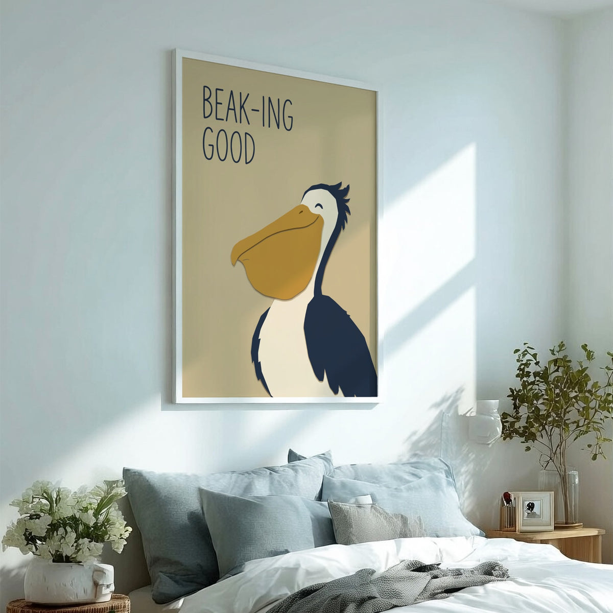 Poster featuring a smiling pelican with a large yellow beak and navy blue body.