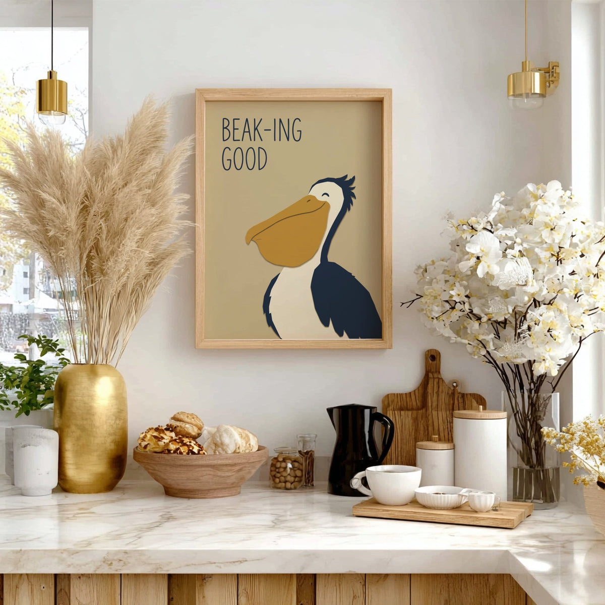 Poster featuring a smiling pelican with a large yellow beak and navy blue body.