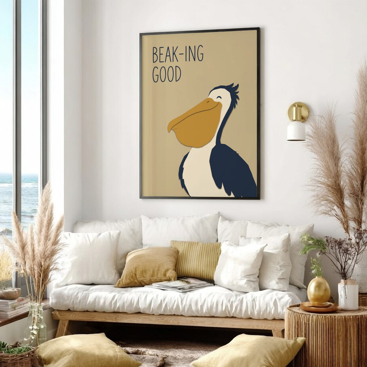 Poster featuring a smiling pelican with a large yellow beak and navy blue body.