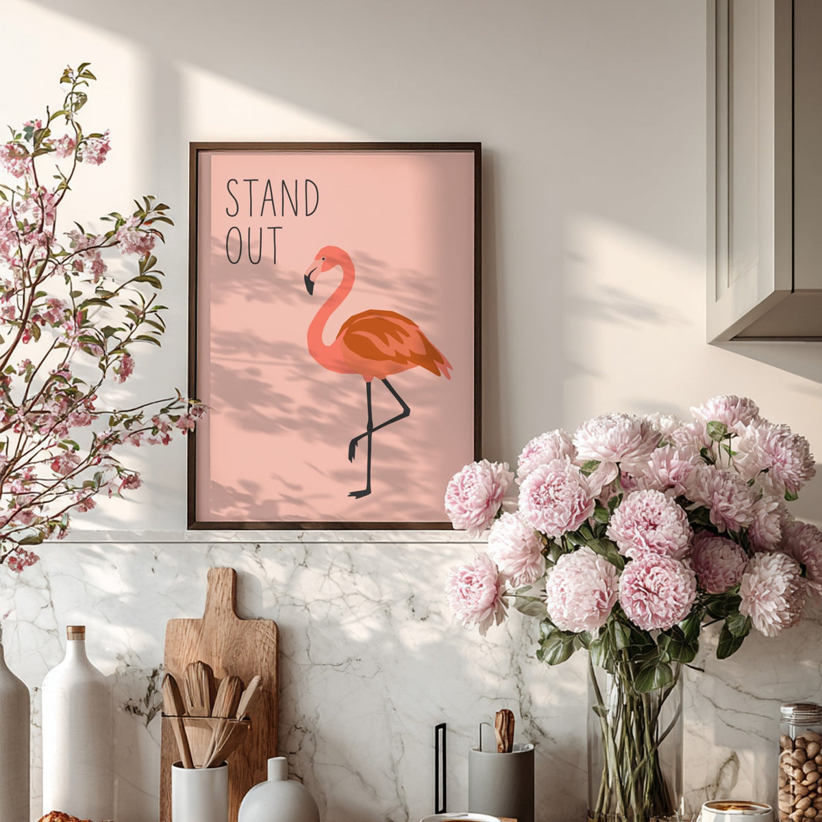 Poster featuring a minimalist flamingo illustration on a soft blush pink background with text.
