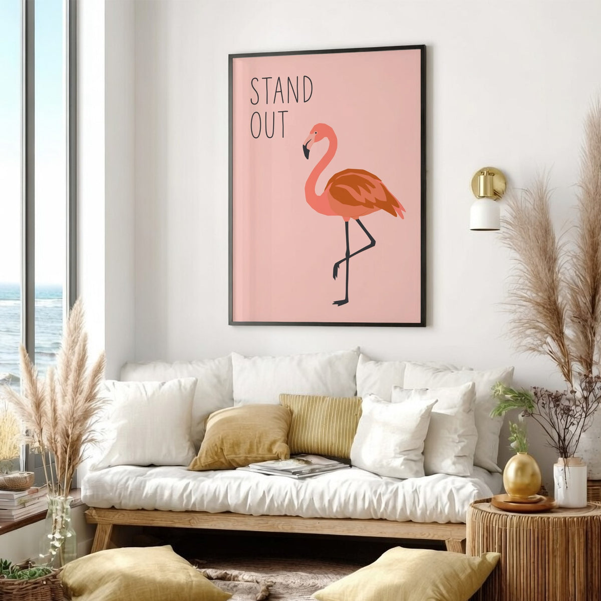 Poster featuring a minimalist flamingo illustration on a soft blush pink background with text.
