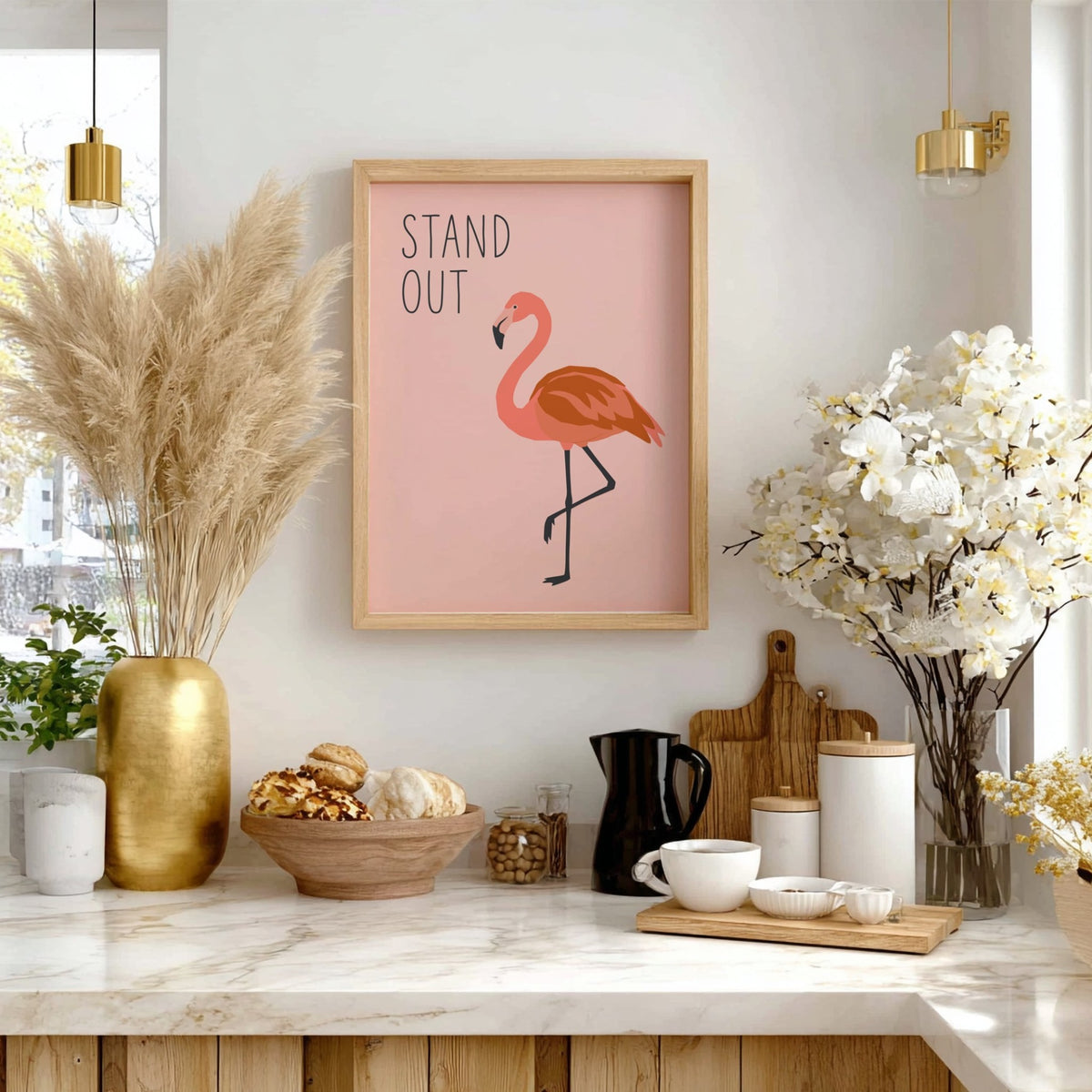 Poster featuring a minimalist flamingo illustration on a soft blush pink background with text.