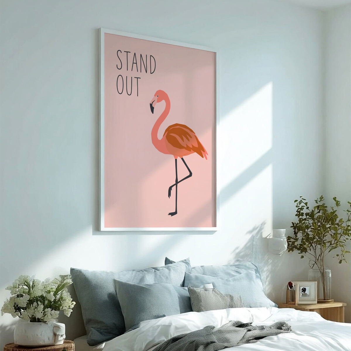 Poster featuring a minimalist flamingo illustration on a soft blush pink background with text.